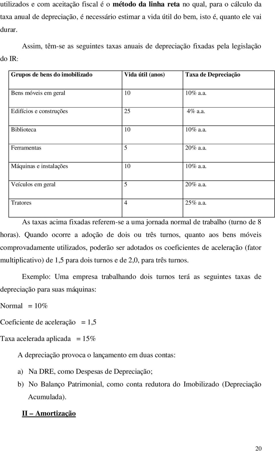 a. Biblioteca 10 10% a.a. Ferramentas 5 20% a.a. Máquinas e instalações 10 10% a.a. Veículos em geral 5 20% a.a. Tratores 4 25% a.a. As taxas acima fixadas referem-se a uma jornada normal de trabalho (turno de 8 horas).