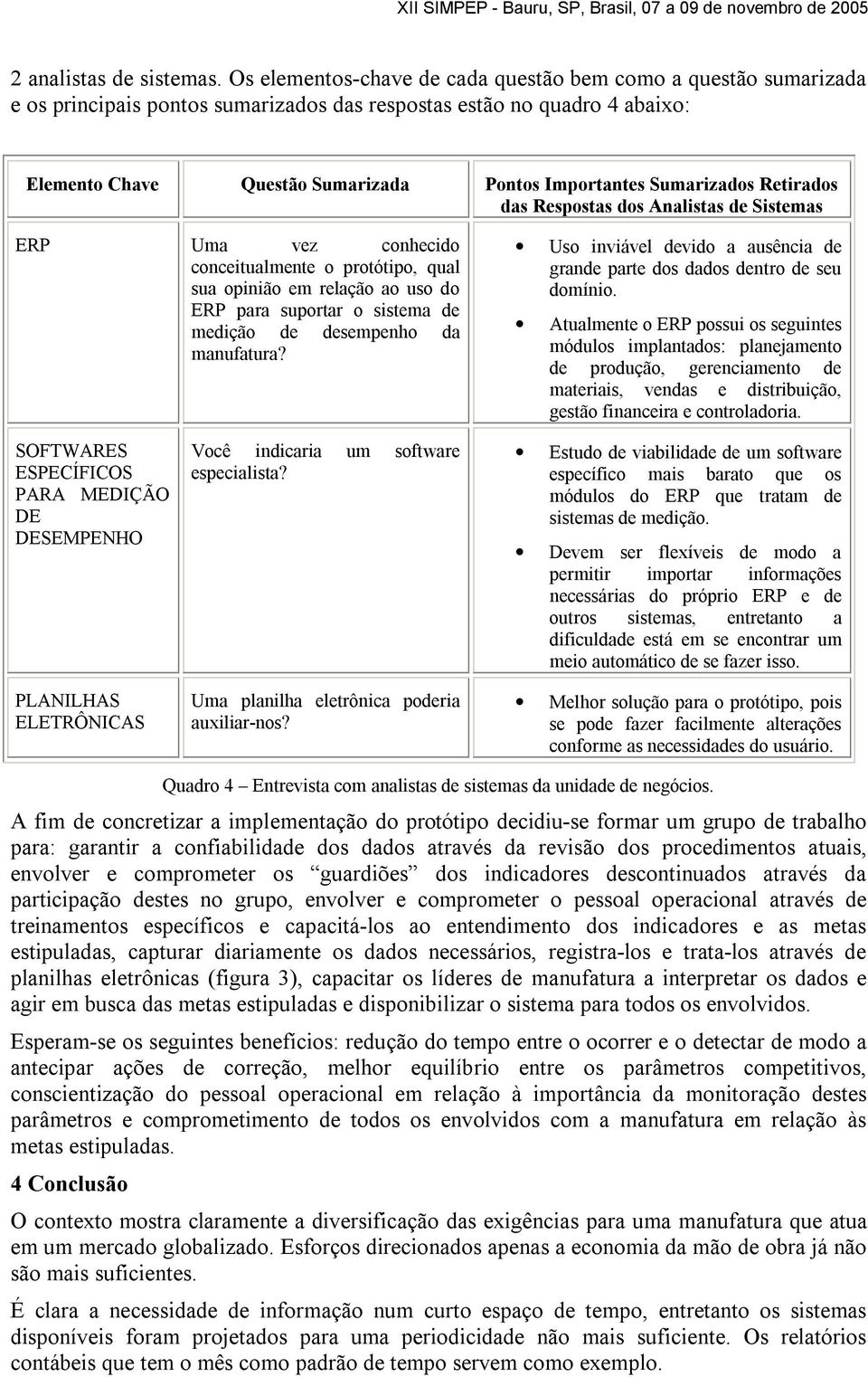 Sumarizados Retirados das Respostas dos Analistas de Sistemas ERP Uma vez conhecido conceitualmente o protótipo, qual sua opinião em relação ao uso do ERP para suportar o sistema de medição de