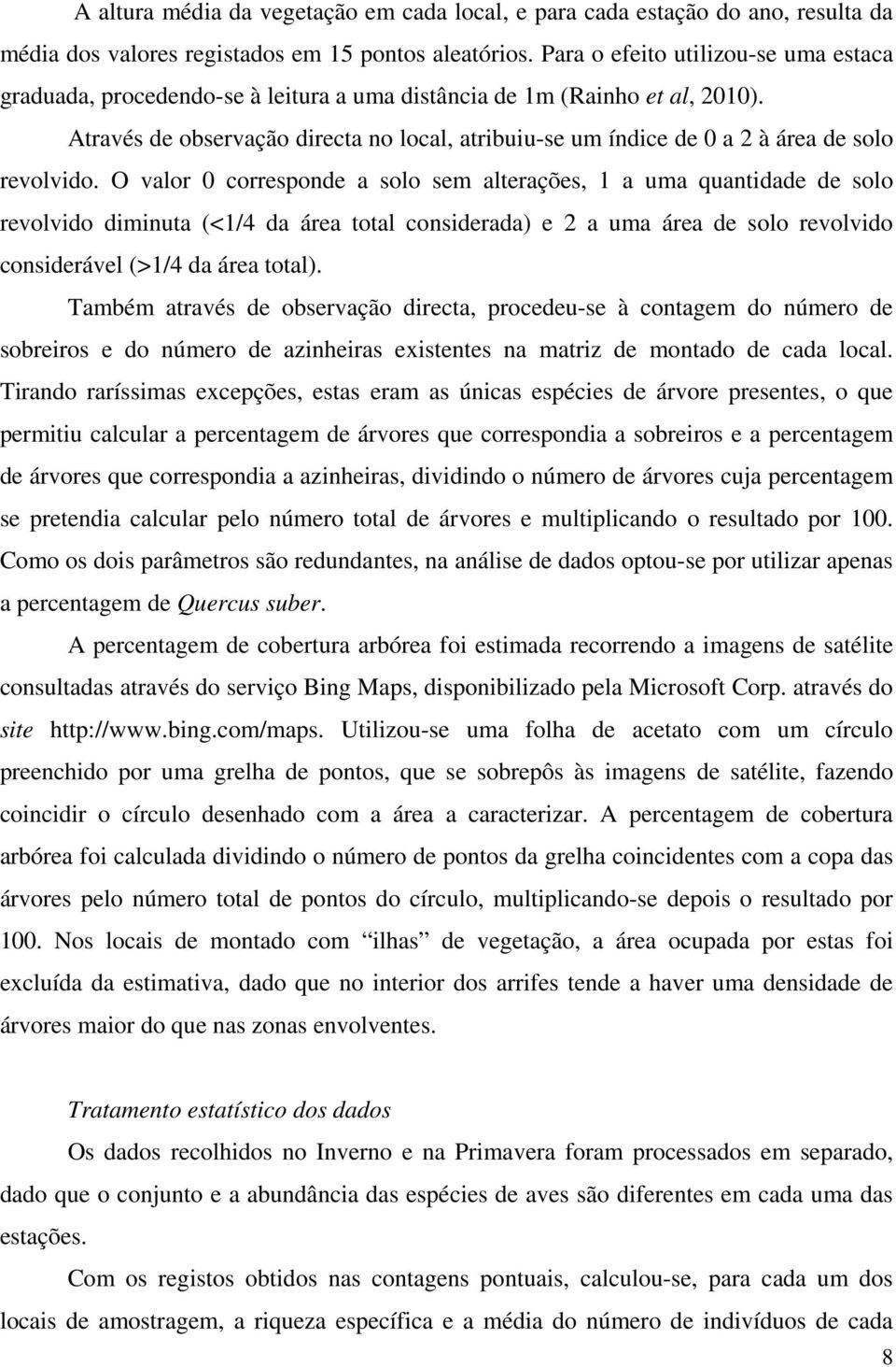 Através de observação directa no local, atribuiu-se um índice de 0 a 2 à área de solo revolvido.