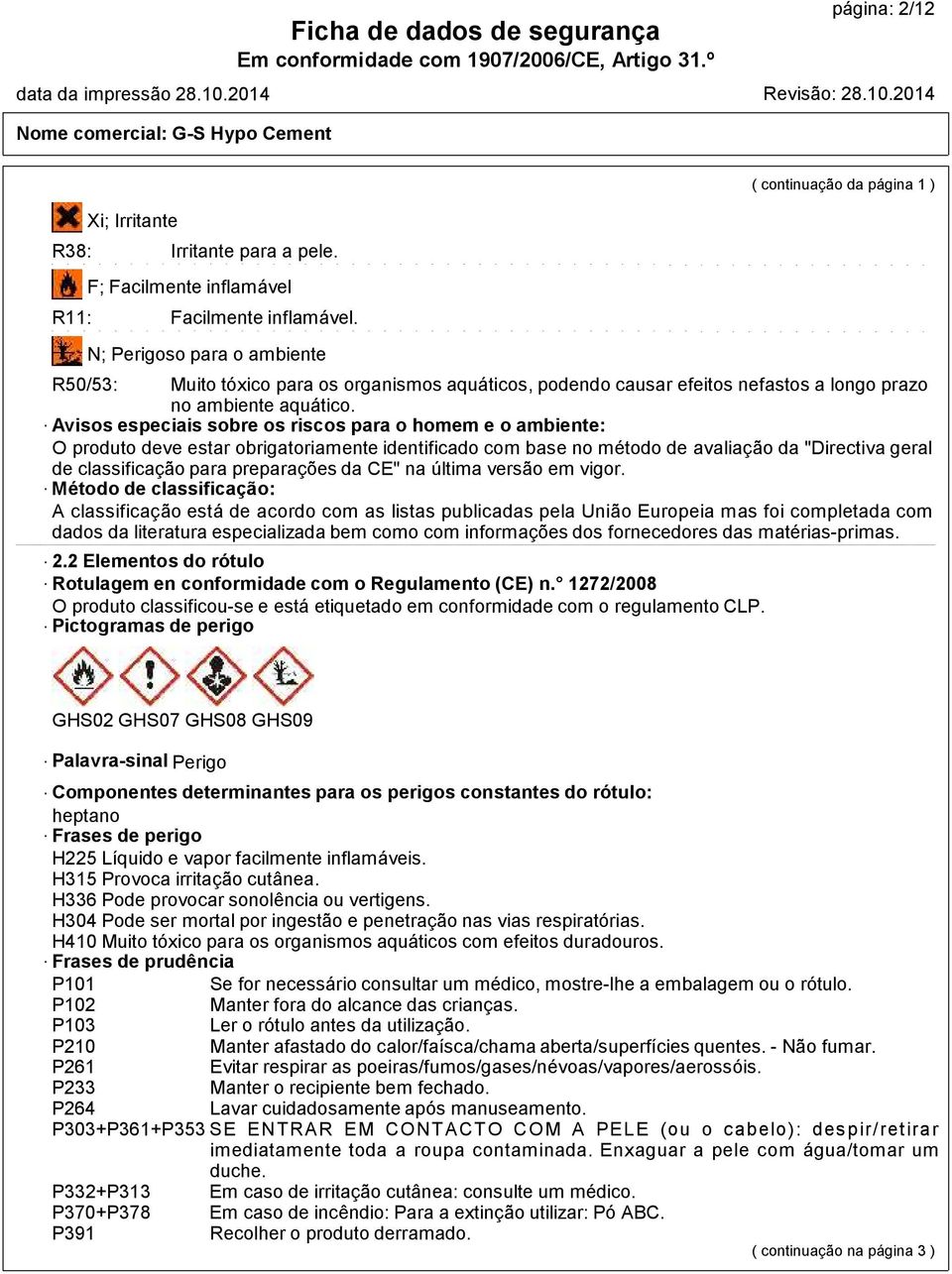 Avisos especiais sobre os riscos para o homem e o ambiente: O produto deve estar obrigatoriamente identificado com base no método de avaliação da "Directiva geral de classificação para preparações da