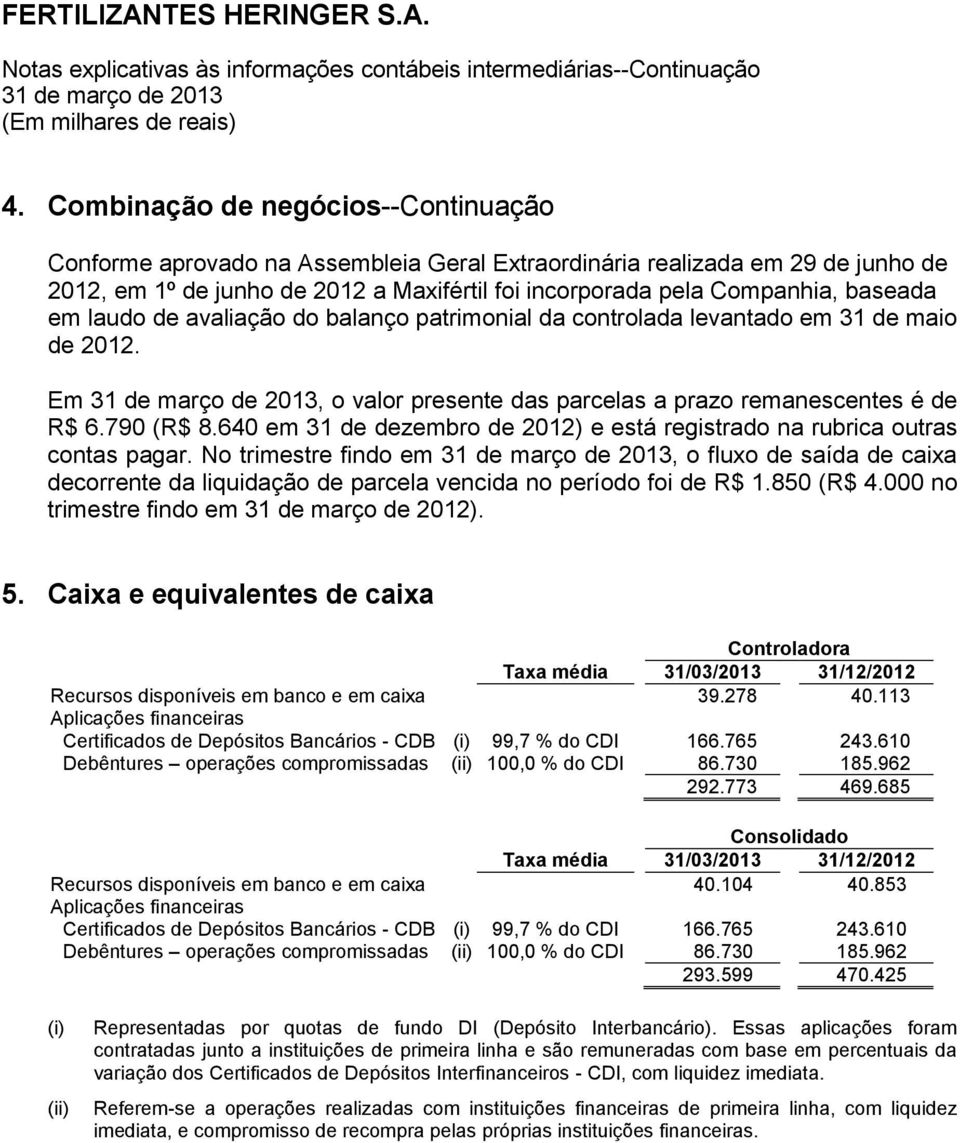 640 em 31 de dezembro de 2012) e está registrado na rubrica outras contas pagar. No trimestre findo em, o fluxo de saída de caixa decorrente da liquidação de parcela vencida no período foi de R$ 1.