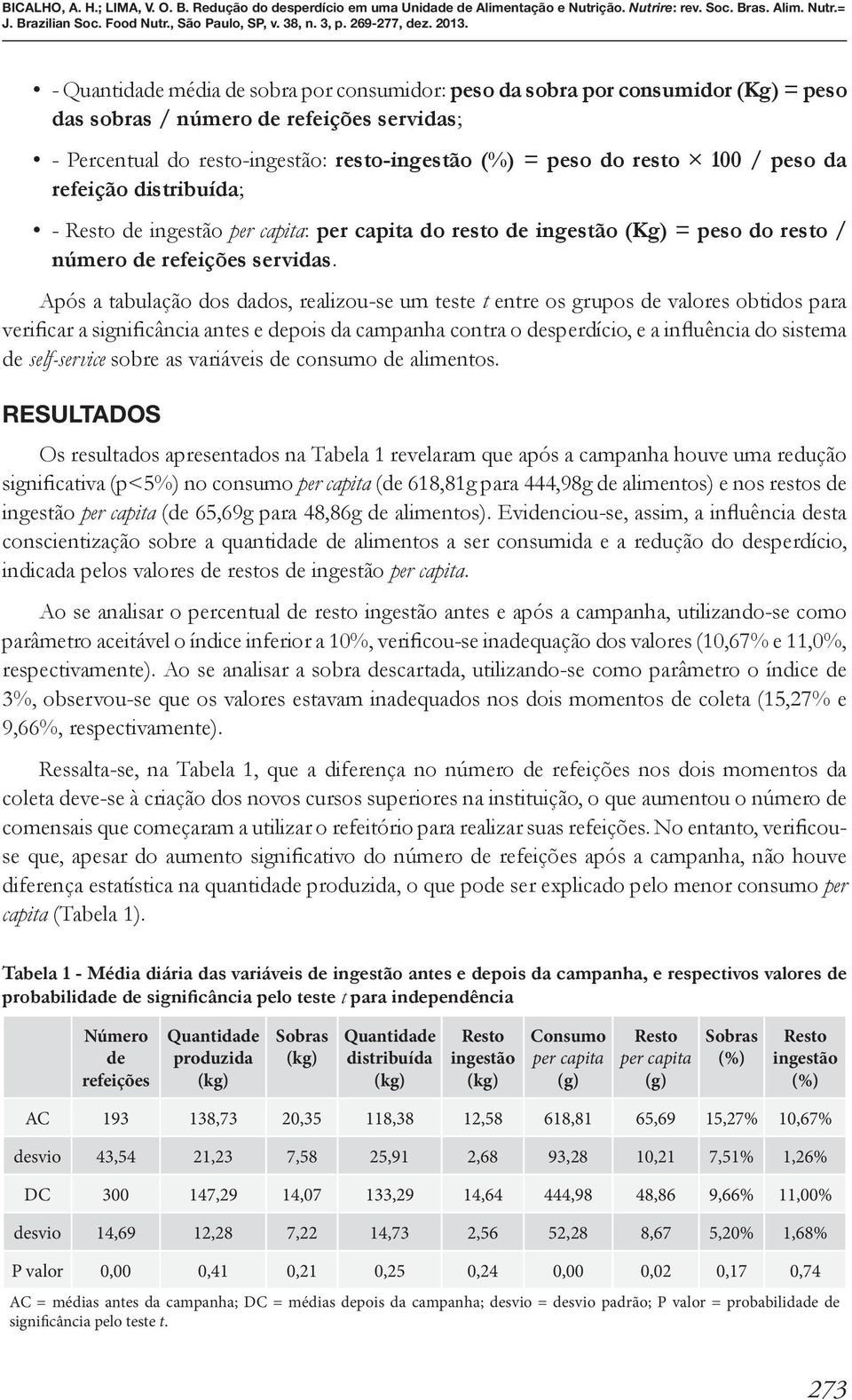 Após a tabulação dos dados, realizou-se um teste t entre os grupos de valores obtidos para verificar a significância antes e depois da campanha contra o desperdício, e a influência do sistema de