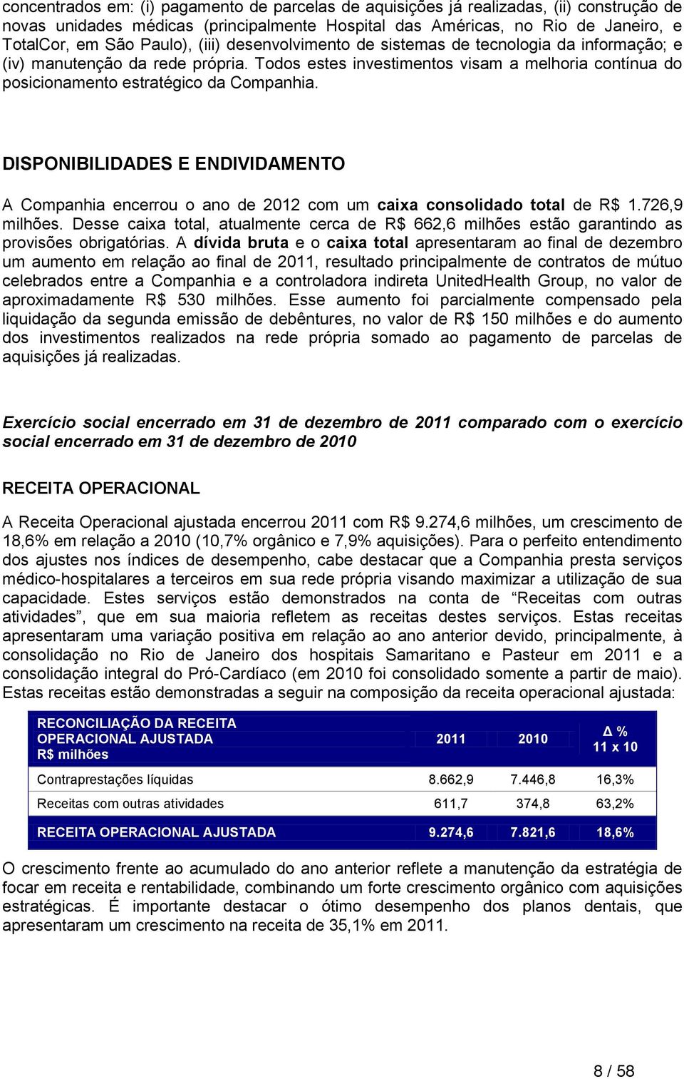 DISPONIBILIDADES E ENDIVIDAMENTO A Companhia encerrou o ano de 2012 com um caixa consolidado total de R$ 1.726,9 milhões.