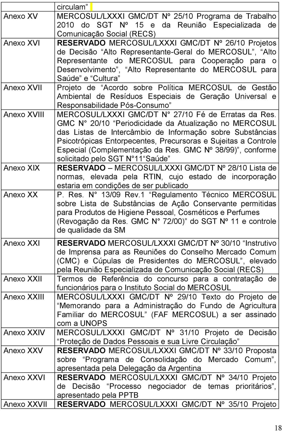 MERCOSUL para Cooperação para o Desenvolvimento, Alto Representante do MERCOSUL para Saúde e Cultura Projeto de Acordo sobre Política MERCOSUL de Gestão Ambiental de Resíduos Especiais de Geração