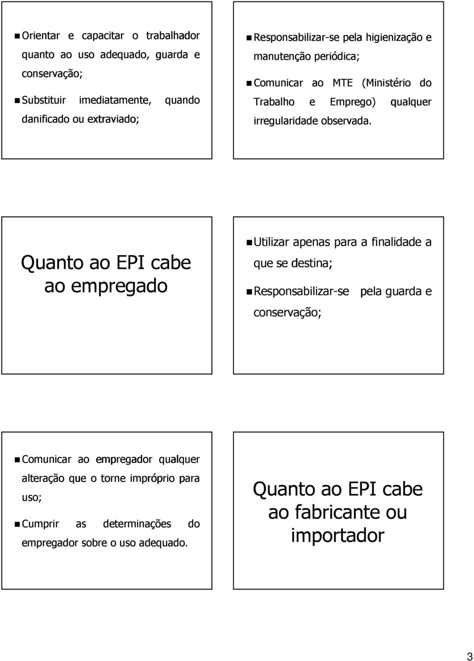 qualquer Quanto ao EPI cabe ao empregado Utilizar apenas para a finalidade a que se destina; Responsabilizar-sese conservação; pela guarda e Comunicar