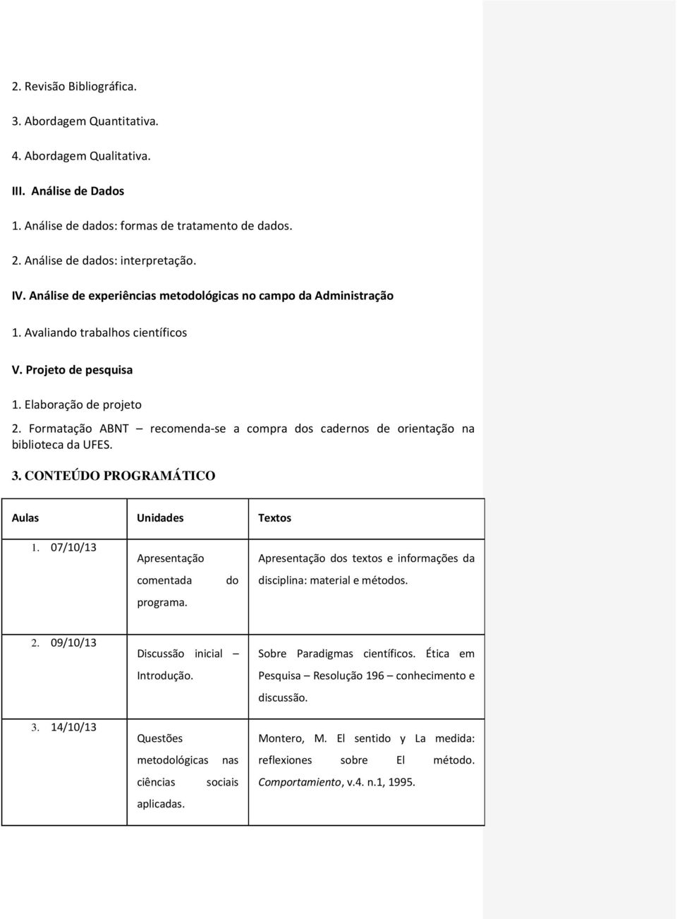 Formatação ABNT recomenda-se a compra dos cadernos de orientação na biblioteca da UFES. 3. CONTEÚDO PROGRAMÁTICO Aulas Unidades Textos 1. 07/10/13 Apresentação comentada programa.