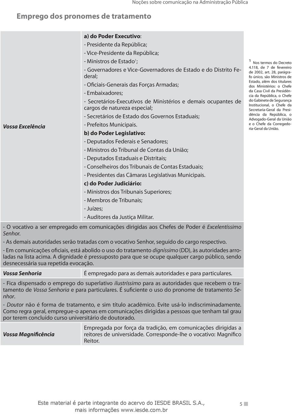 natureza especial; - Secretários de Estado dos Governos Estaduais; Vossa Excelência - Prefeitos Municipais.