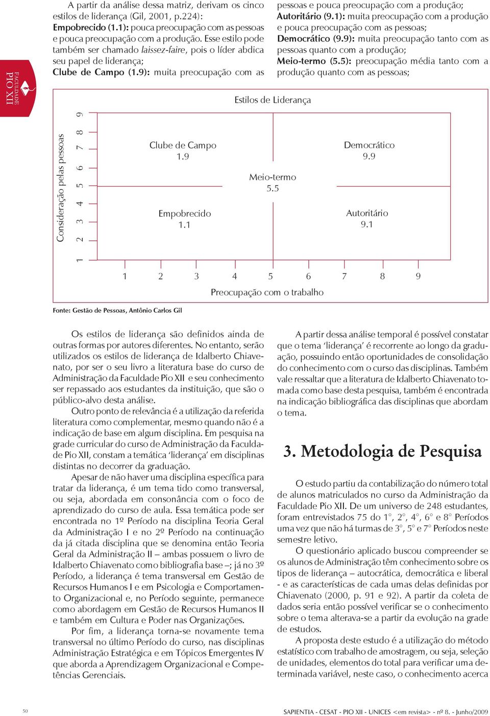 9): muita preocupação com as pessoas e pouca preocupação com a produção; Autoritário (9.1): muita preocupação com a produção e pouca preocupação com as pessoas; Democrático (9.