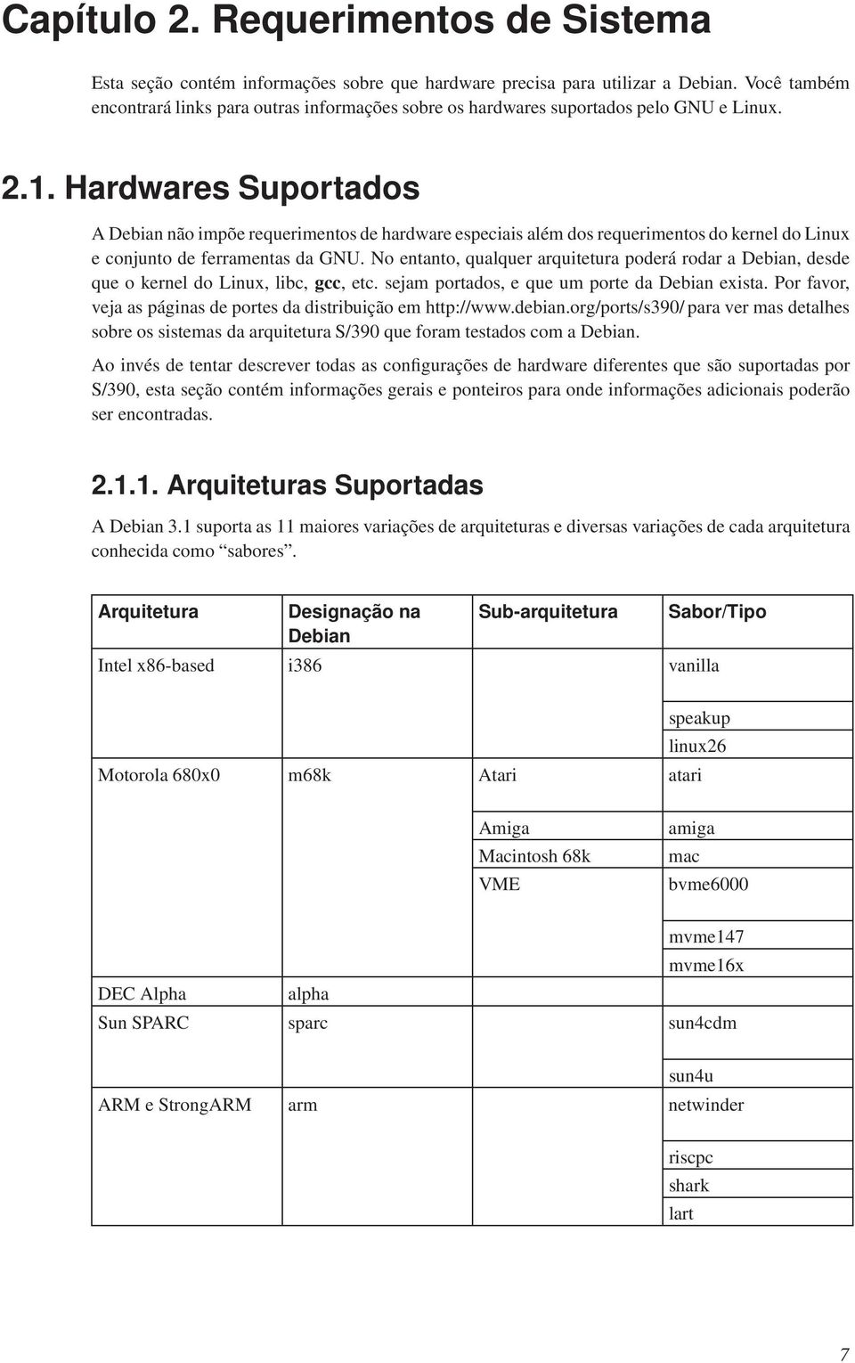 Hardwares Suportados A Debian não impõe requerimentos de hardware especiais além dos requerimentos do kernel do Linux e conjunto de ferramentas da GNU.