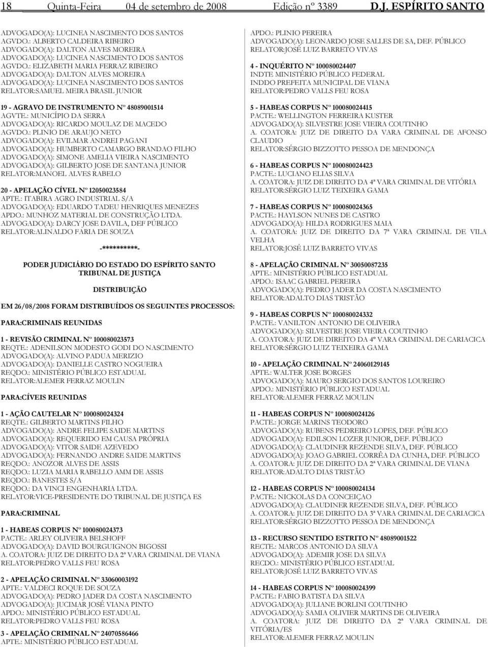 : ELIZABETH MARIA FERRAZ RIBEIRO ADVOGADO(A): DALTON ALVES MOREIRA ADVOGADO(A): LUCINEA NASCIMENTO DOS SANTOS RELATOR:SAMUEL MEIRA BRASIL JUNIOR 19 - AGRAVO DE INSTRUMENTO Nº 48089001514 AGVTE.