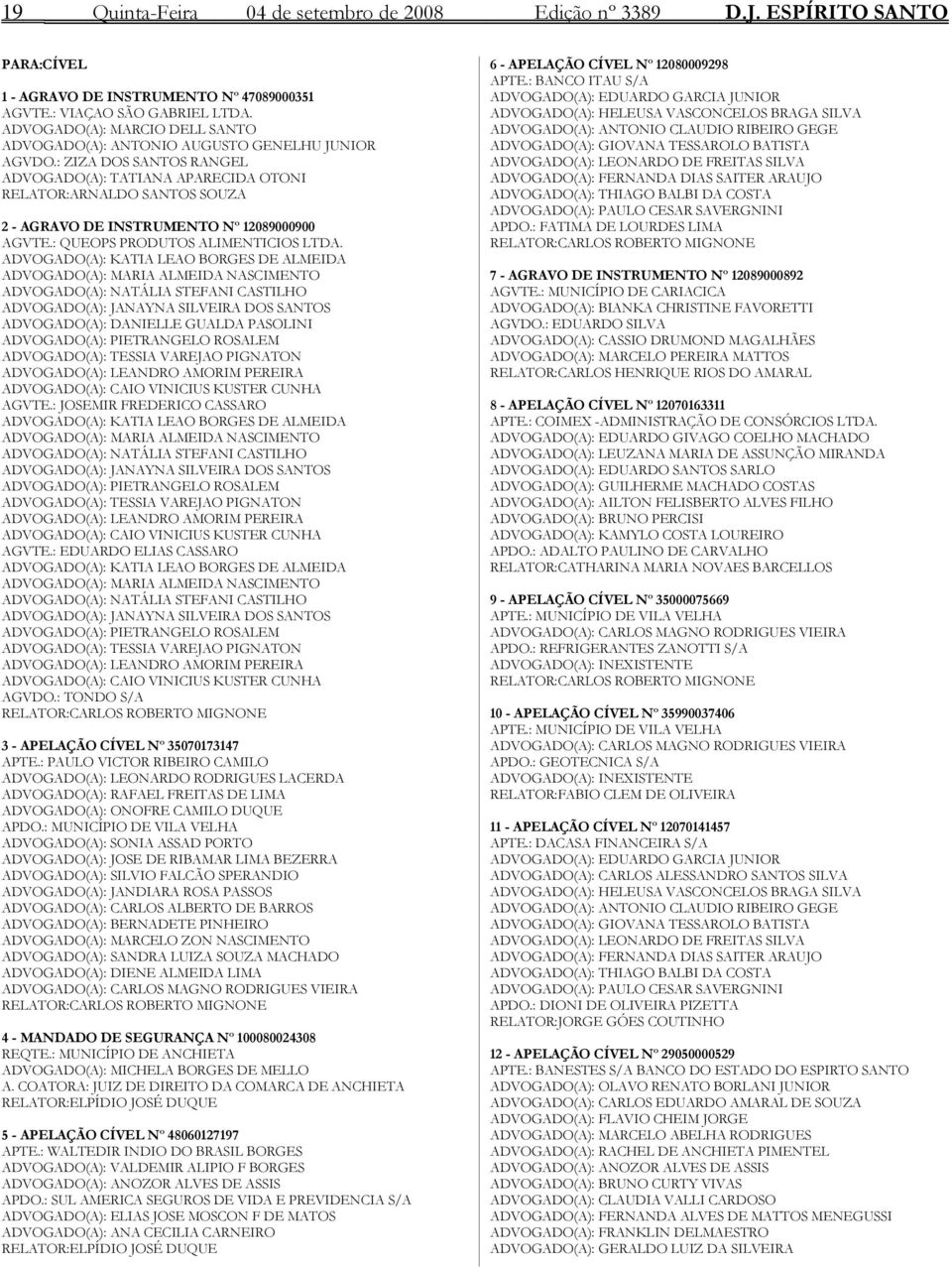 : ZIZA DOS SANTOS RANGEL ADVOGADO(A): TATIANA APARECIDA OTONI RELATOR:ARNALDO SANTOS SOUZA 2 - AGRAVO DE INSTRUMENTO Nº 12089000900 AGVTE.: QUEOPS PRODUTOS ALIMENTICIOS LTDA.