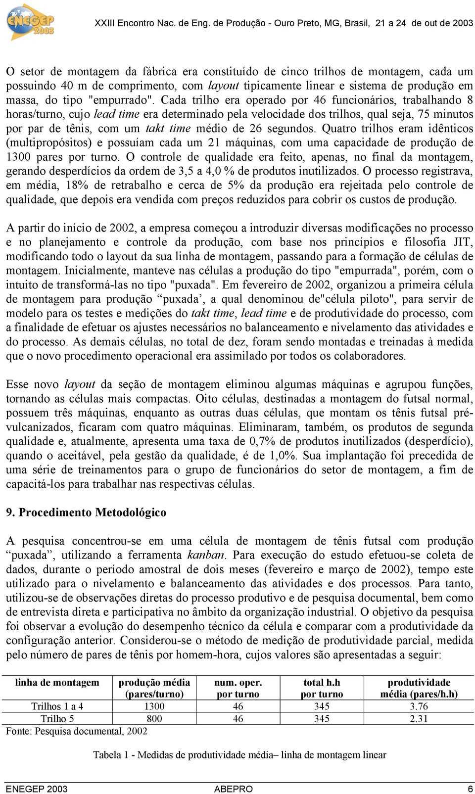 26 segundos. Quatro trilhos eram idênticos (multipropósitos) e possuíam cada um 21 máquinas, com uma capacidade de produção de 1300 pares por turno.