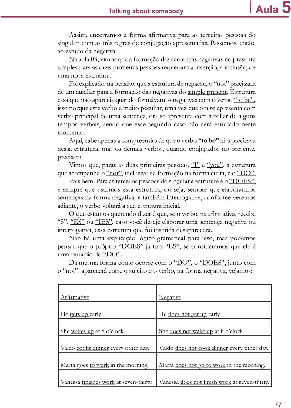 Foi explicado, na ocasião, que a estrutura de negação, o not precisaria de um auxiliar para a formação das negativas do simple present.