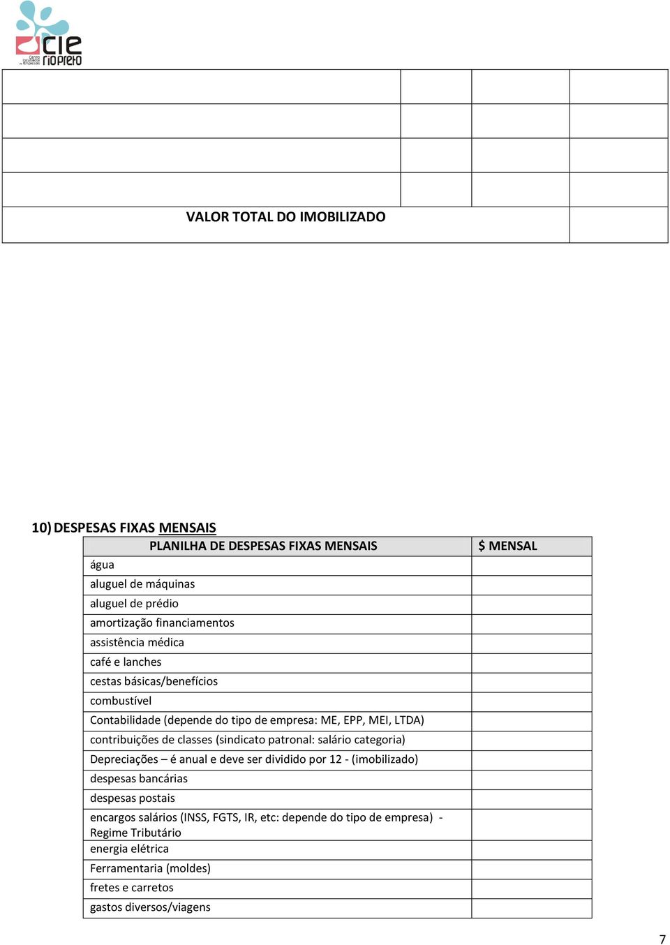 (sindicato patronal: salário categoria) Depreciações é anual e deve ser dividido por 12 - (imobilizado) despesas bancárias despesas postais encargos salários