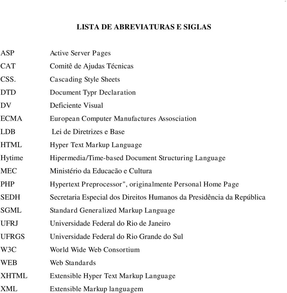 European Computer Manufactures Assosciation Lei de Diretrizes e Base Hyper Text Markup Language Hipermedia/Time-based Document Structuring Language Ministério da Educacão e Cultura Hypertext