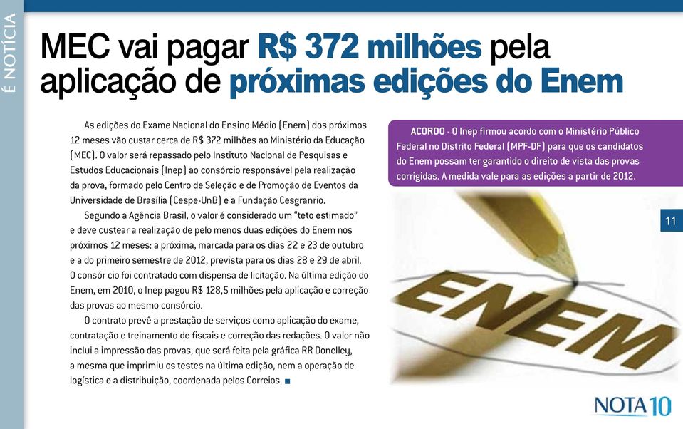 O valor será repassado pelo Instituto Nacional de Pesquisas e Estudos Educacionais (Inep) ao consórcio responsável pela realização da prova, formado pelo Centro de Seleção e de Promoção de Eventos da