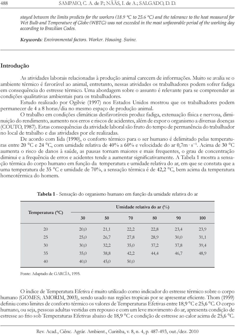 [#] [K] Keywords: Environmental factors. Worker. Housing. Swine. [#] Introdução As atividades laborais relacionadas à produção animal carecem de informações.