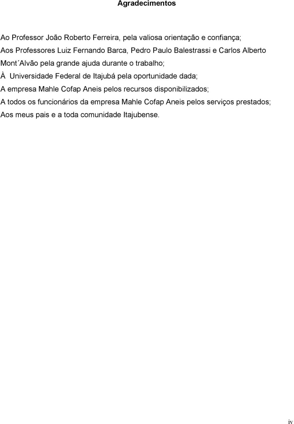 Universidade Federal de Itajubá pela oportunidade dada; A empresa Mahle Cofap Aneis pelos recursos