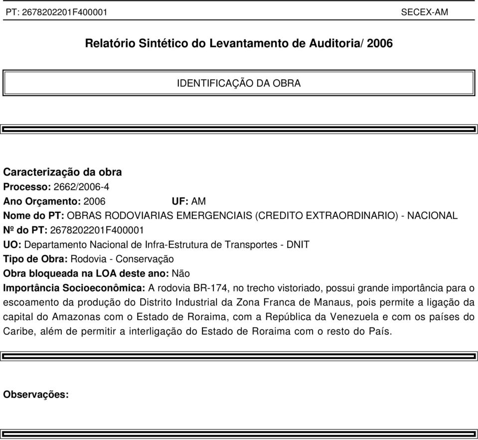 ano: Não Importância Socioeconômica: A rodovia BR-174, no trecho vistoriado, possui grande importância para o escoamento da produção do Distrito Industrial da Zona Franca de Manaus, pois permite