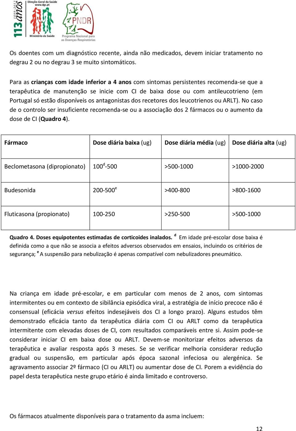 disponíveis os antagonistas dos recetores dos leucotrienos ou ARLT). No caso de o controlo ser insuficiente recomenda-se ou a associação dos 2 fármacos ou o aumento da dose de CI (Quadro 4).