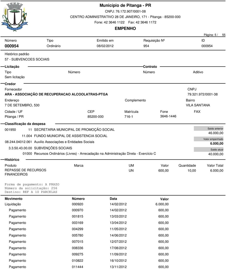 972/0001-38 VILA SANTANA 85200-000 716-1 3646-1446 46.000,00 6.000,00 40.000,00 REPASSE DE RECURSOS UN 600,00 10,00 6.