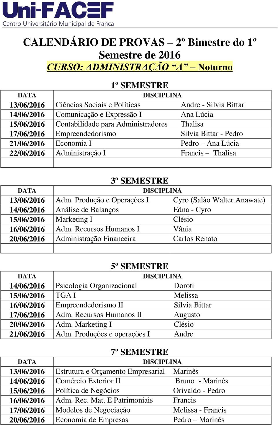 SEMESTRE 13/06/2016 Adm. Produção e Operações I Cyro (Salão Walter Anawate) 14/06/2016 Análise de Balanços Edna - Cyro 15/06/2016 Marketing I Clésio 16/06/2016 Adm.