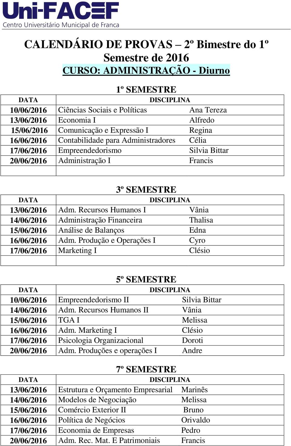 Recursos Humanos I Vânia 14/06/2016 Administração Financeira Thalisa 15/06/2016 Análise de Balanços Edna 16/06/2016 Adm.