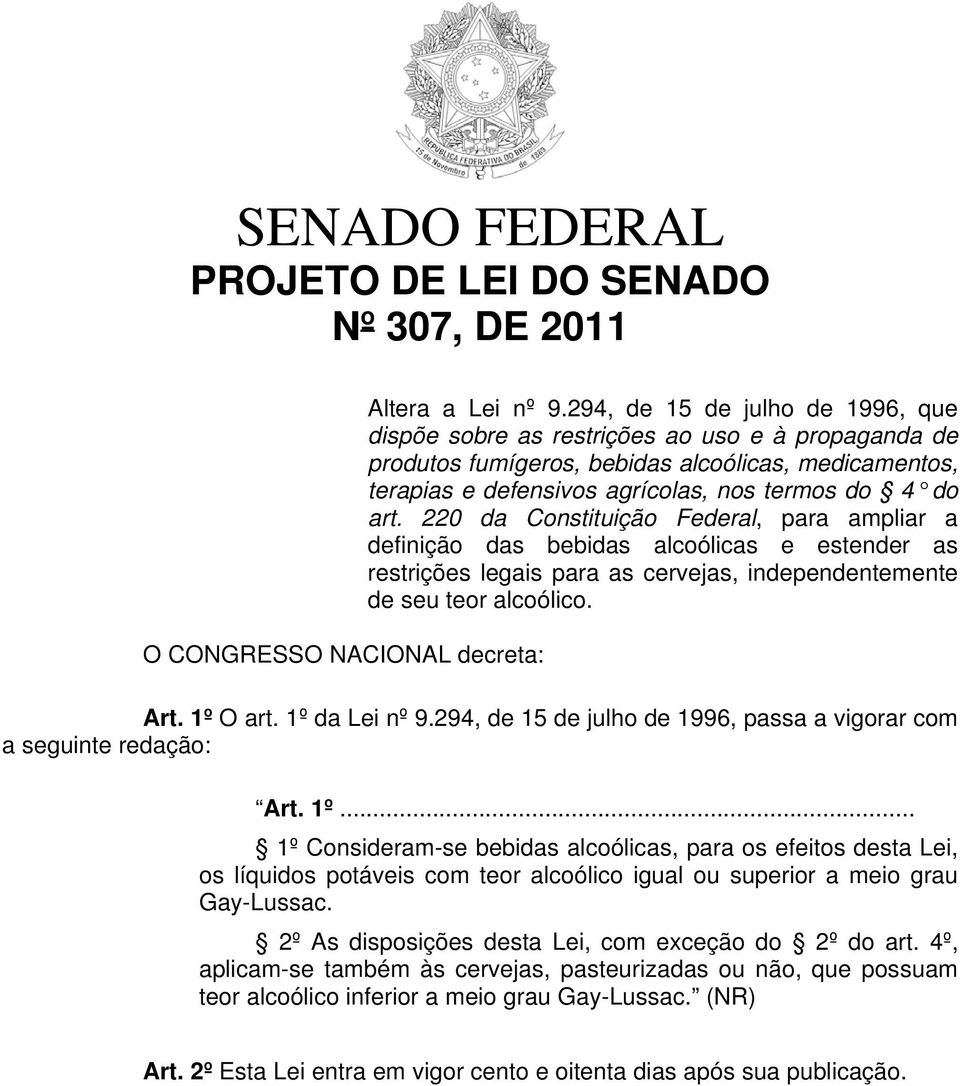 220 da Constituição Federal, para ampliar a definição das bebidas alcoólicas e estender as restrições legais para as cervejas, independentemente de seu teor alcoólico. Art. 1º O art. 1º da Lei nº 9.