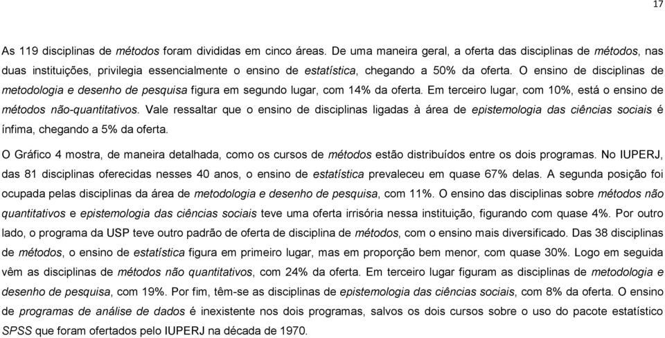 O ensino de disciplinas de metodologia e desenho de pesquisa figura em segundo lugar, com 14% da oferta. Em terceiro lugar, com 10%, está o ensino de métodos não-quantitativos.