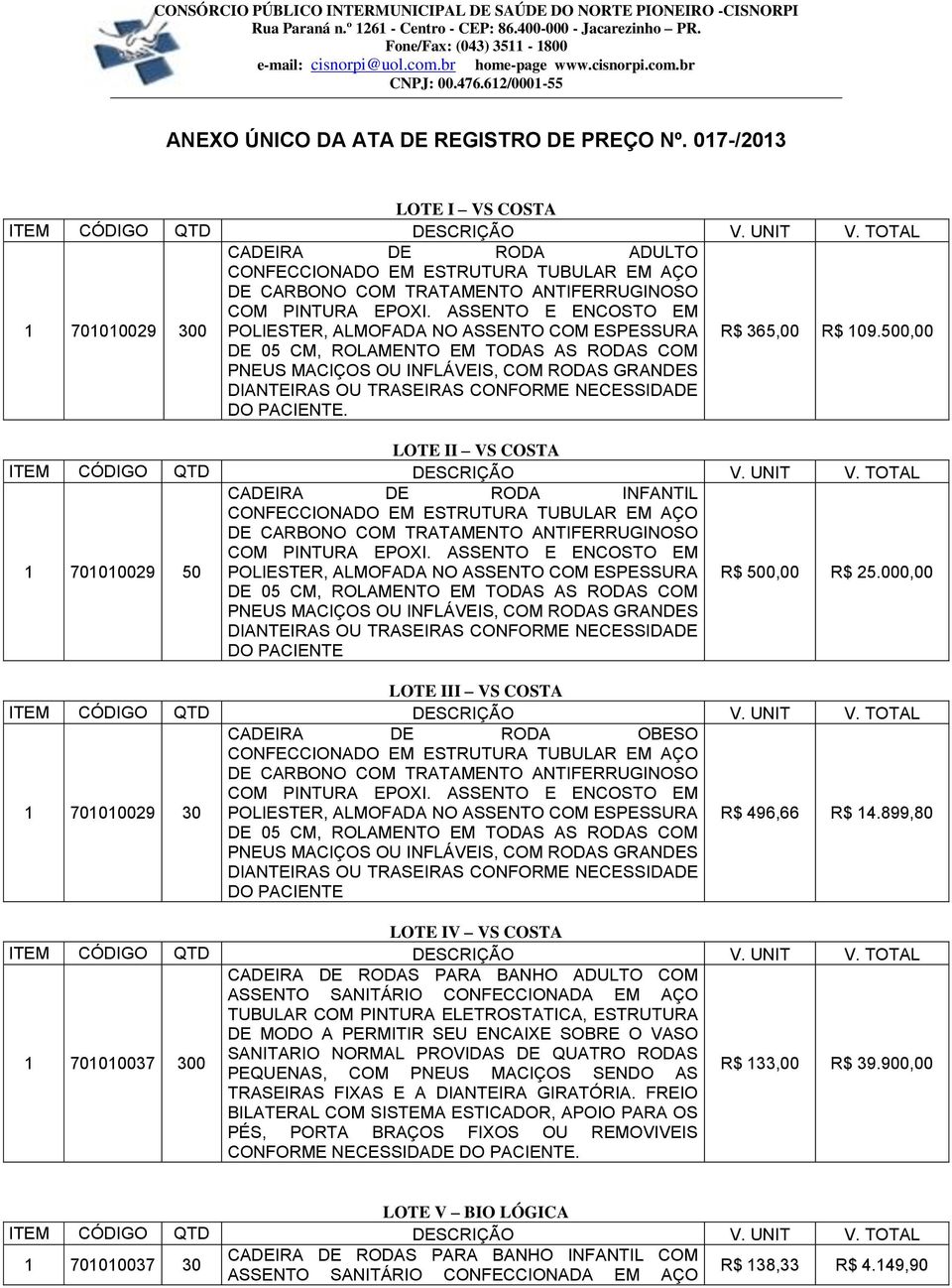 000,00 LOTE III VS COSTA CADEIRA DE RODA OBESO 1 701010029 30 DO PACIENTE R$ 496,66 R$ 14.