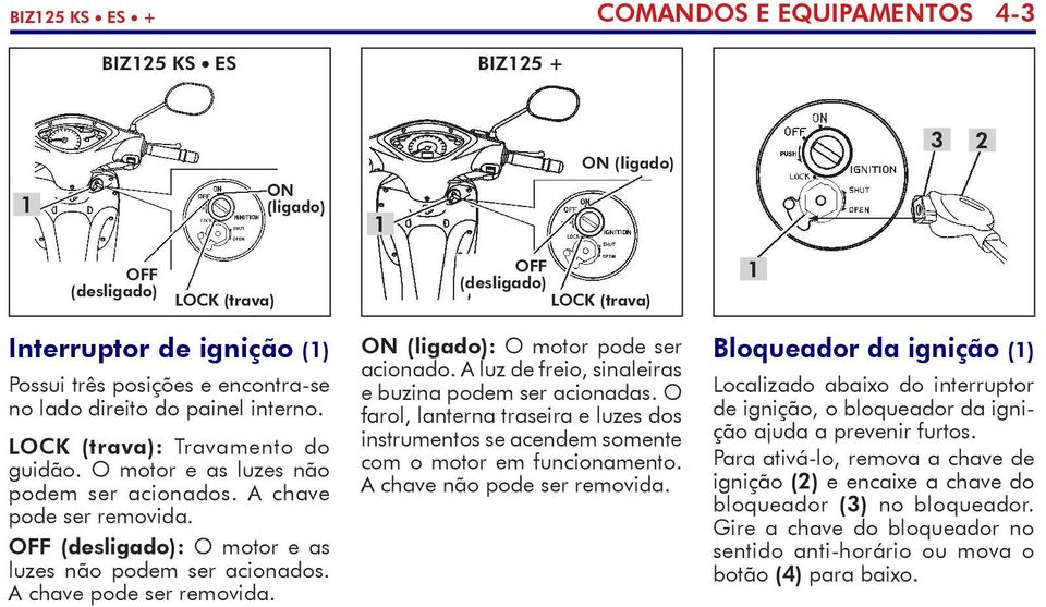 OFF (desligado): O motor e as luzes não podem ser acionados. A chave pode ser removida. ON (ligado): O motor pode ser acionado. A luz de freio, sinaleiras e buzina podem ser acionadas.