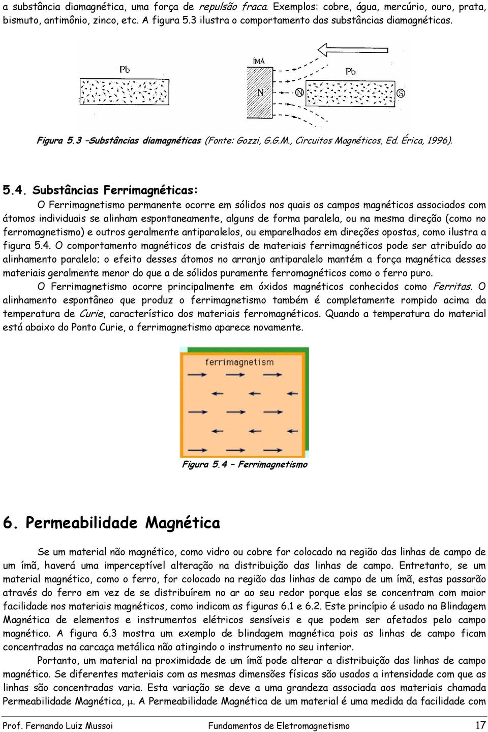 Substâncias Ferrimagnéticas: O Ferrimagnetismo permanente ocorre em sólidos nos quais os campos magnéticos associados com átomos individuais se alinham espontaneamente, alguns de forma paralela, ou