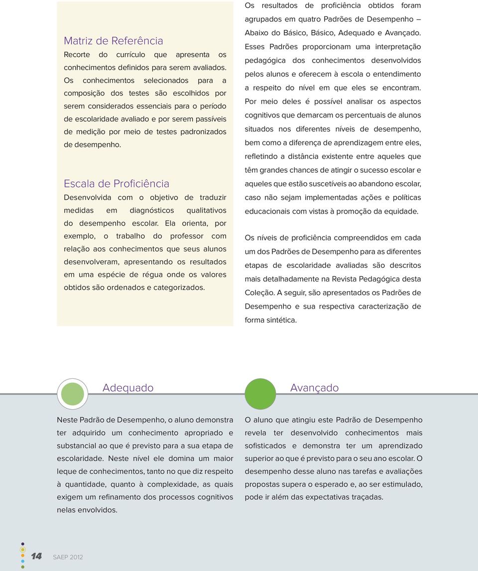 padronizados de desempenho. Escala de Proficiência Desenvolvida com o objetivo de traduzir medidas em diagnósticos qualitativos do desempenho escolar.