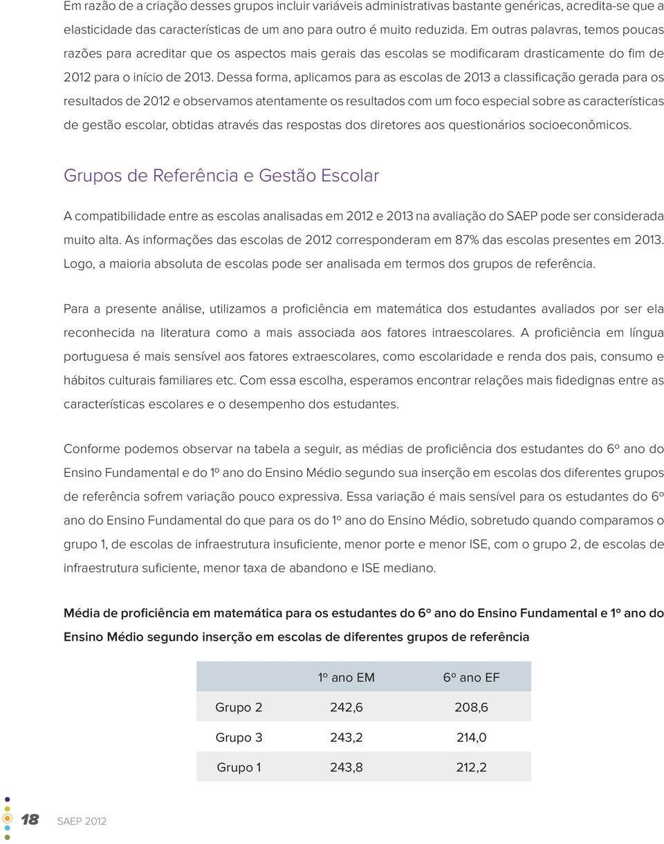 Dessa forma, aplicamos para as escolas de 2013 a classificação gerada para os resultados de 2012 e observamos atentamente os resultados com um foco especial sobre as características de gestão