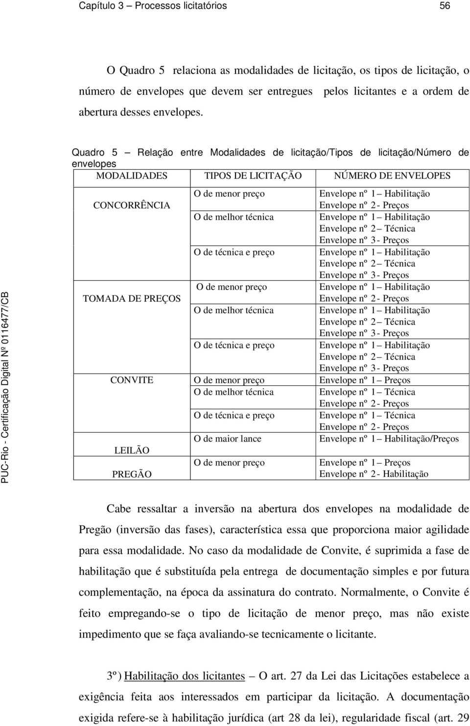 Quadro 5 Relação entre Modalidades de licitação/tipos de licitação/número de envelopes MODALIDADES TIPOS DE LICITAÇÃO NÚMERO DE ENVELOPES CONCORRÊNCIA TOMADA DE PREÇOS CONVITE LEILÃO PREGÃO O de