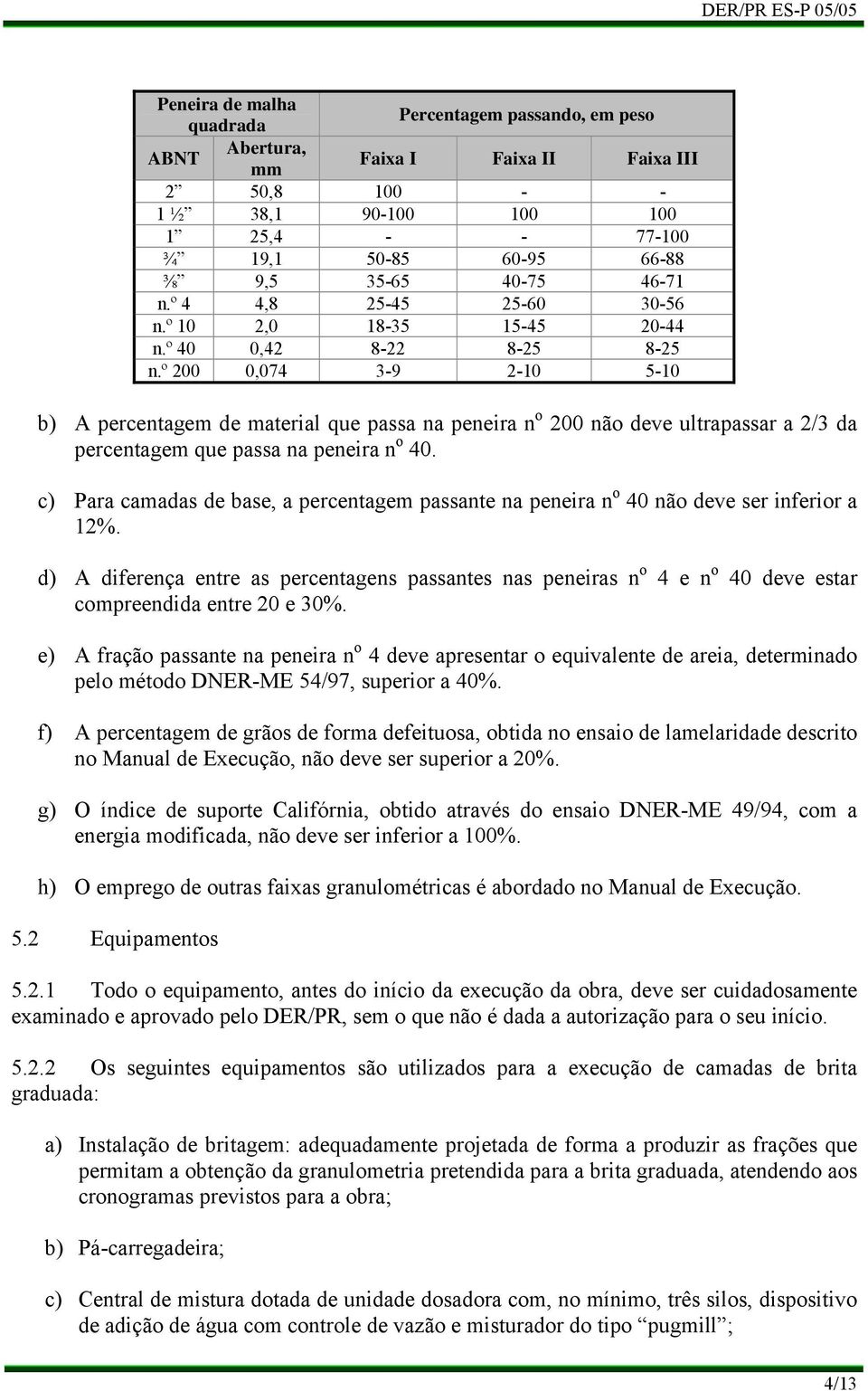 º 200 0,074 3-9 2-10 5-10 d) e) f) g) h) A percentagem de material que passa na peneira n o 200 não deve ultrapassar a 2/3 da percentagem que passa na peneira n o 40.