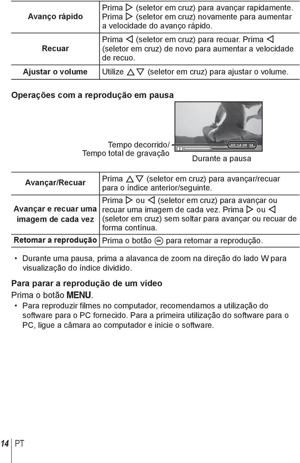 Operações com a reprodução em pausa Tempo decorrido/ Tempo total de gravação 00:14/00:34 Durante a pausa Avançar/Recuar Avançar e recuar uma imagem de cada vez Prima FG (seletor em cruz) para