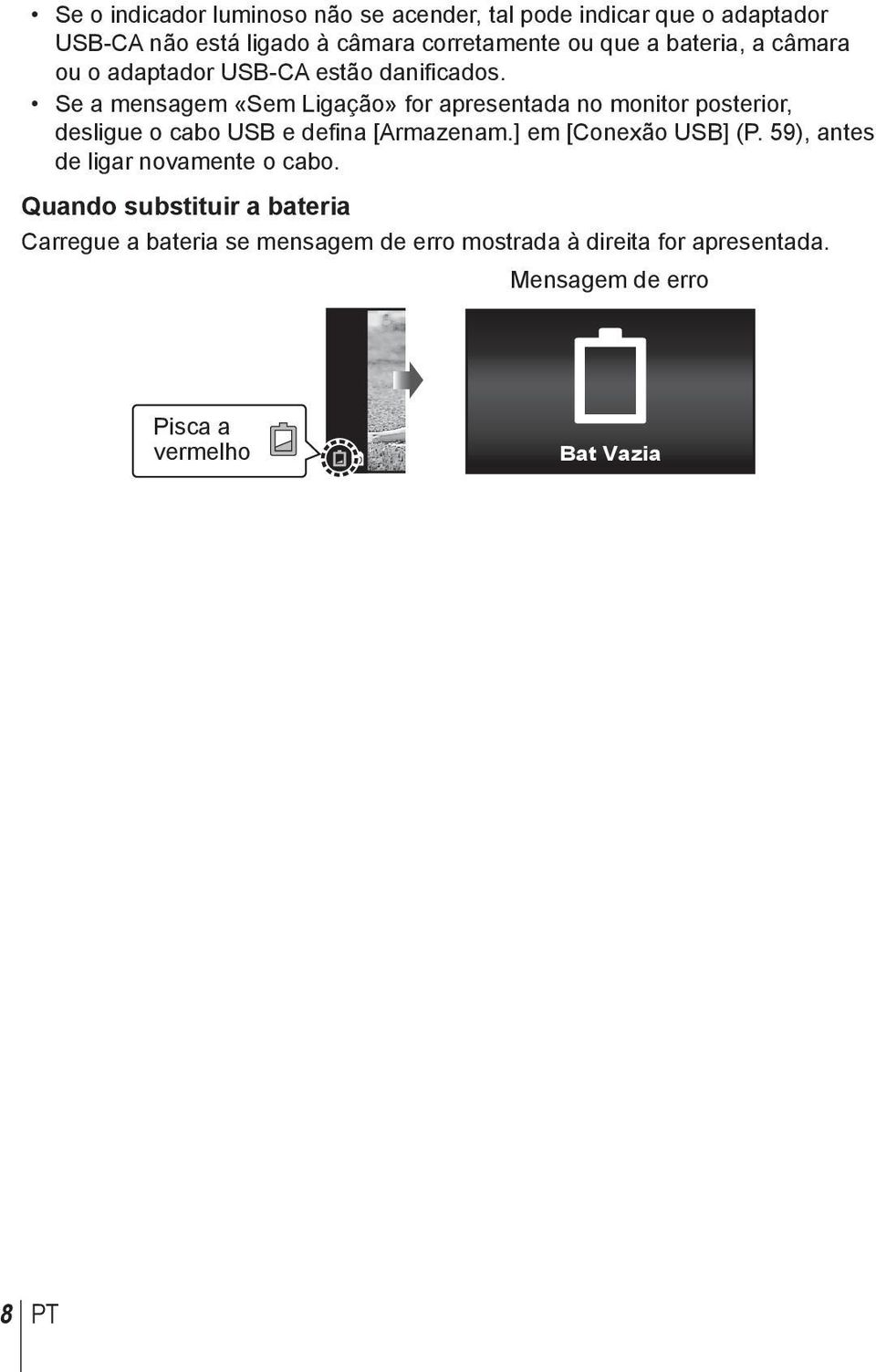 Se a mensagem «Sem Ligação» for apresentada no monitor posterior, desligue o cabo USB e defina [Armazenam.