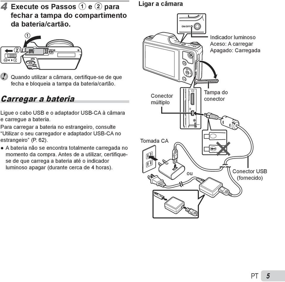 Carregar a bateria Conector múltiplo Tampa do conector Ligue o cabo USB e o adaptador USB-CA à câmara e carregue a bateria.