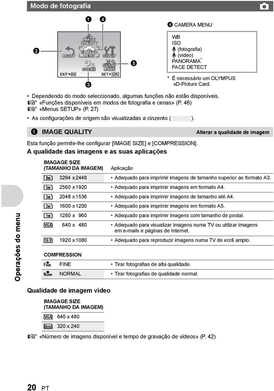 5 WB ISO R (fotografia) R (vídeo) PANORAMA * FACE DETECT * É necessário um OLYMPUS xd-picture Card. Operações do menu 1 IMAGE QUALITY Esta função permite-lhe configurar [IMAGE SIZE] e [COMPRESSION].