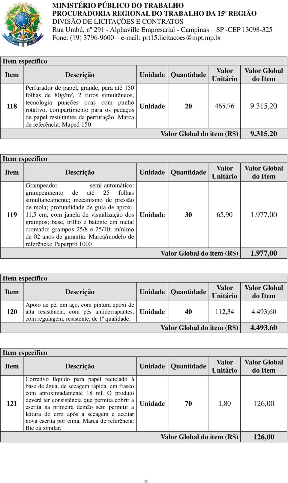 315,20 119 Global Grampeador semi-automático: grampeamento de até 25 folhas simultaneamente; mecanismo de pressão de mola; profundidade de guia de aprox.