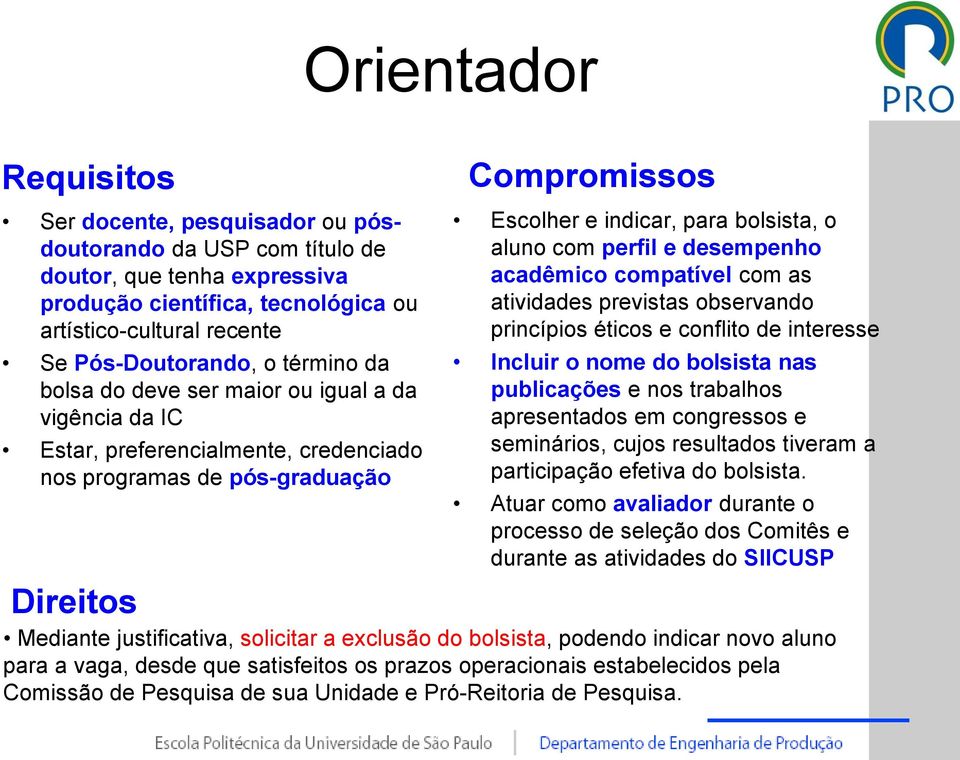 perfil e desempenho acadêmico compatível com as atividades previstas observando princípios éticos e conflito de interesse Incluir o nome do bolsista nas publicações e nos trabalhos apresentados em