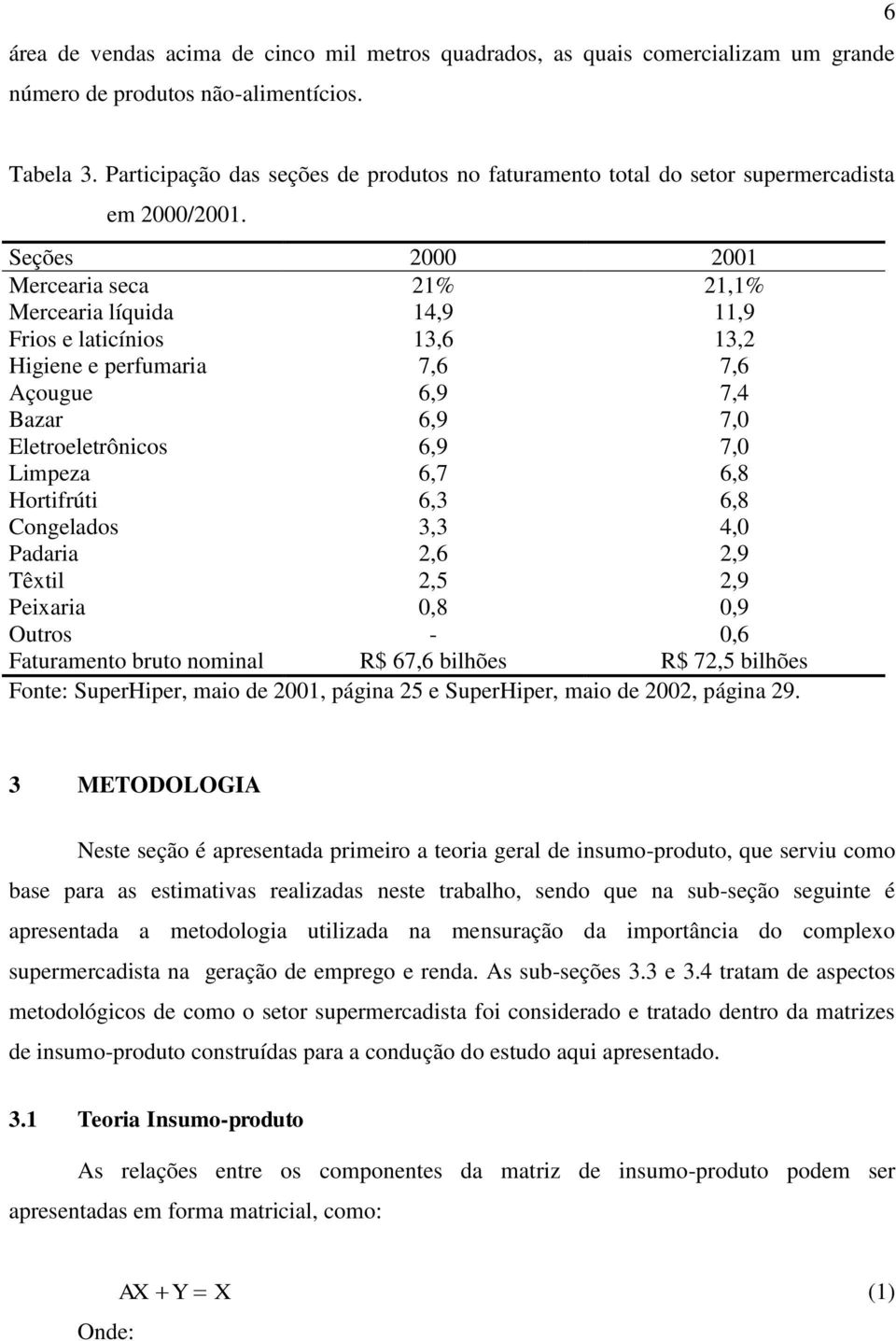 Seções 2000 2001 Mercearia seca 21% 21,1% Mercearia líquida 14,9 11,9 Frios e laticínios 13,6 13,2 Higiene e perfumaria 7,6 7,6 Açougue 6,9 7,4 Bazar 6,9 7,0 Eletroeletrônicos 6,9 7,0 Limpeza 6,7 6,8