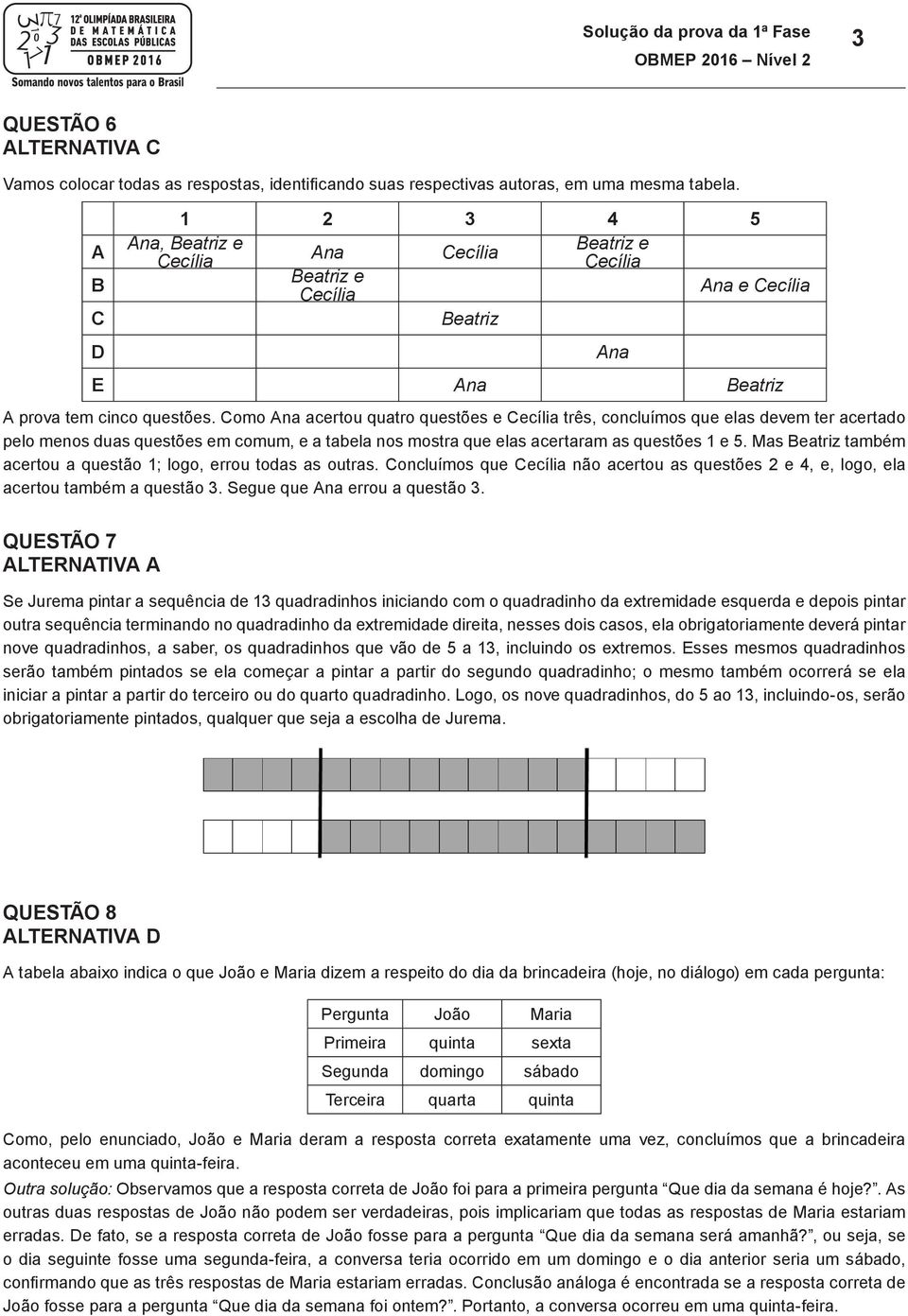 duas na stões em um, e a E tabela ns mstra elas acertaram as na stões 1 e 5. Mas eatriz também eatriz acertu a stã 1, lg erru tdas as utras; cncluíms Cecília nã acertu as prva tem cinc stões.