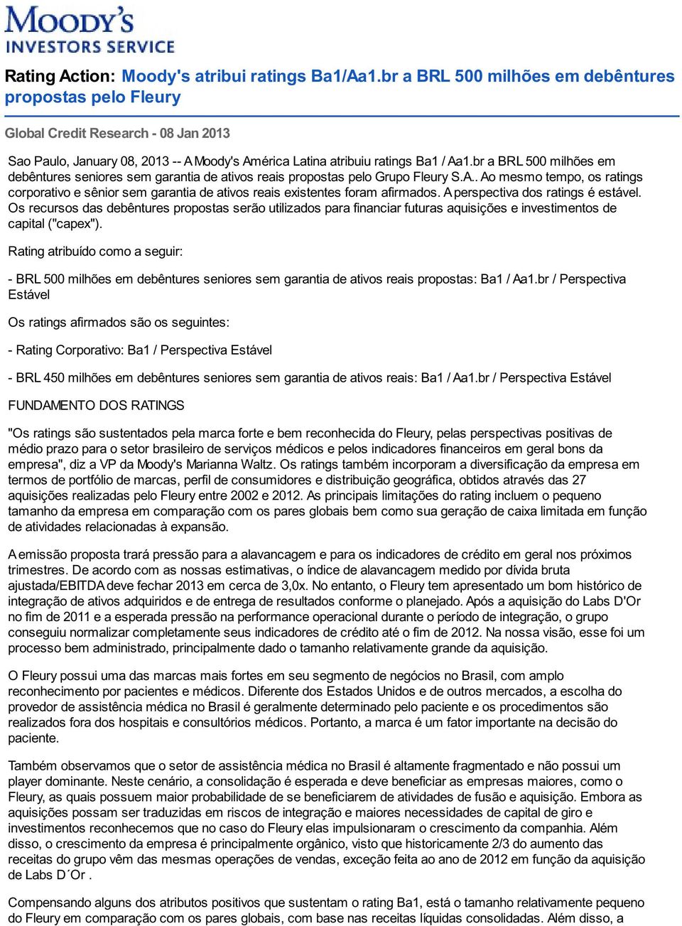 br a BRL 500 milhões em debêntures seniores sem garantia de ativos reais propostas pelo Grupo Fleury S.A.