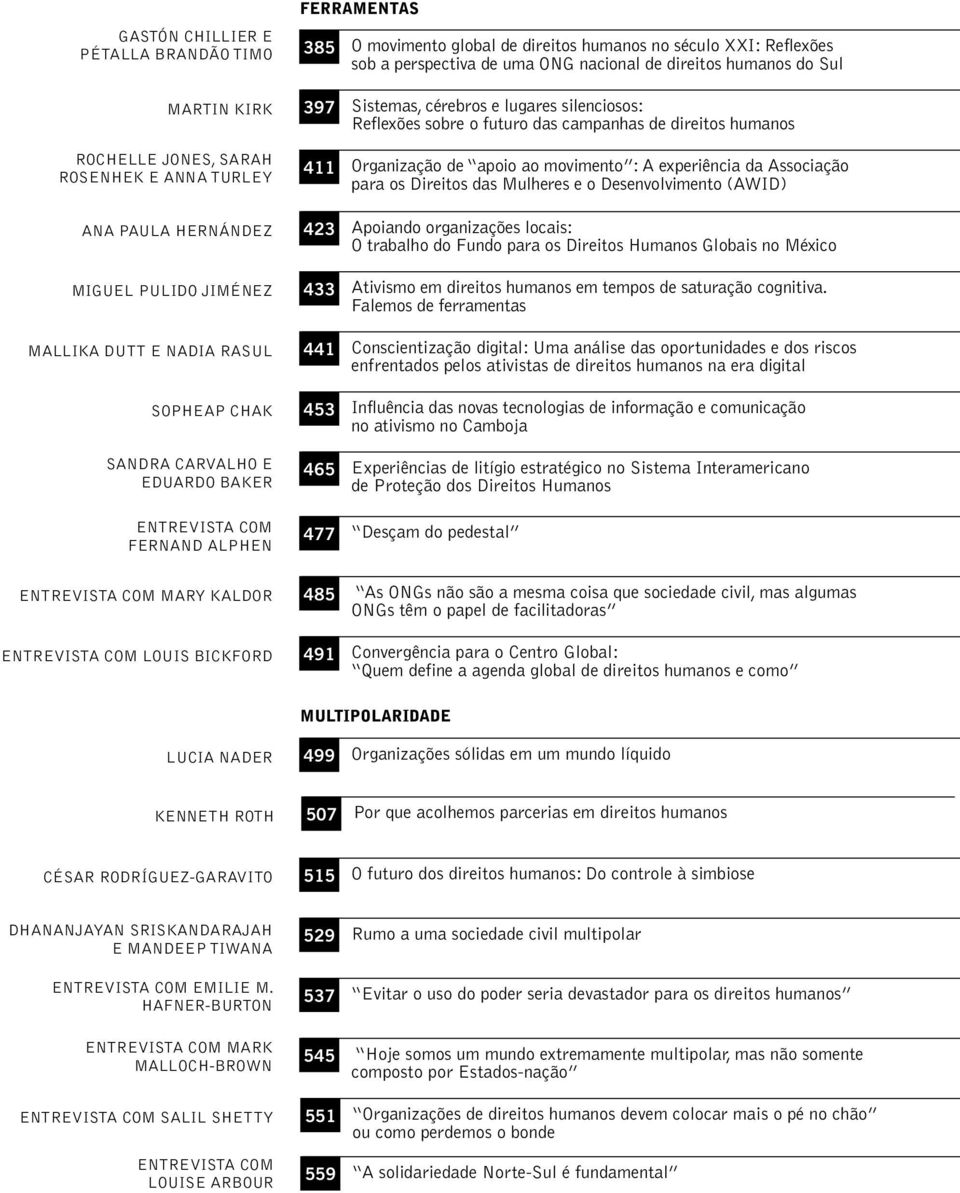 de uma ONG nacional de direitos humanos do Sul 397 Sistemas, cérebros e lugares silenciosos: Reflexões sobre o futuro das campanhas de direitos humanos 411 Organização de apoio ao movimento : A