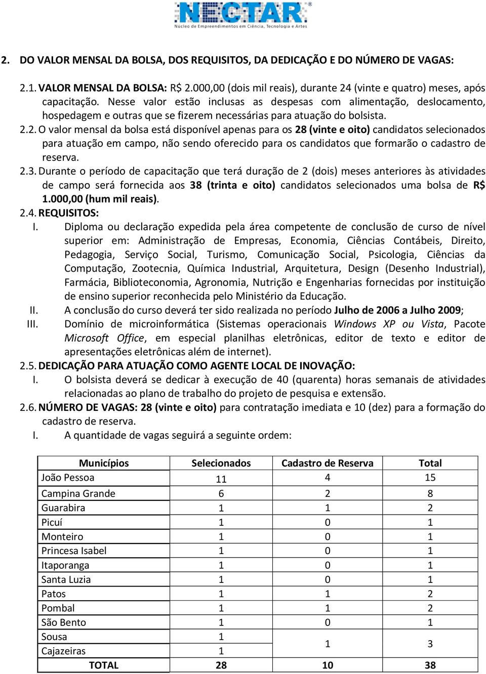 2. O valor mensal da bolsa está disponível apenas para os 28 (vinte e oito) candidatos selecionados para atuação em campo, não sendo oferecido para os candidatos que formarão o cadastro de reserva. 2.3.