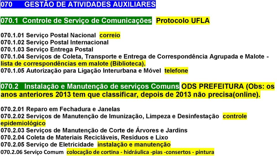 2 Instalação e Manutenção de serviços Comuns ODS PREFEITURA (Obs: os anos anteriores 2013 tem que classificar, depois de 2013 não precisa(online). 070.2.01 Reparo em Fechadura e Janelas 070.2.02 Serviços de Manutenção de Imunização, Limpeza e Desinfestação controle epidemiológico 070.