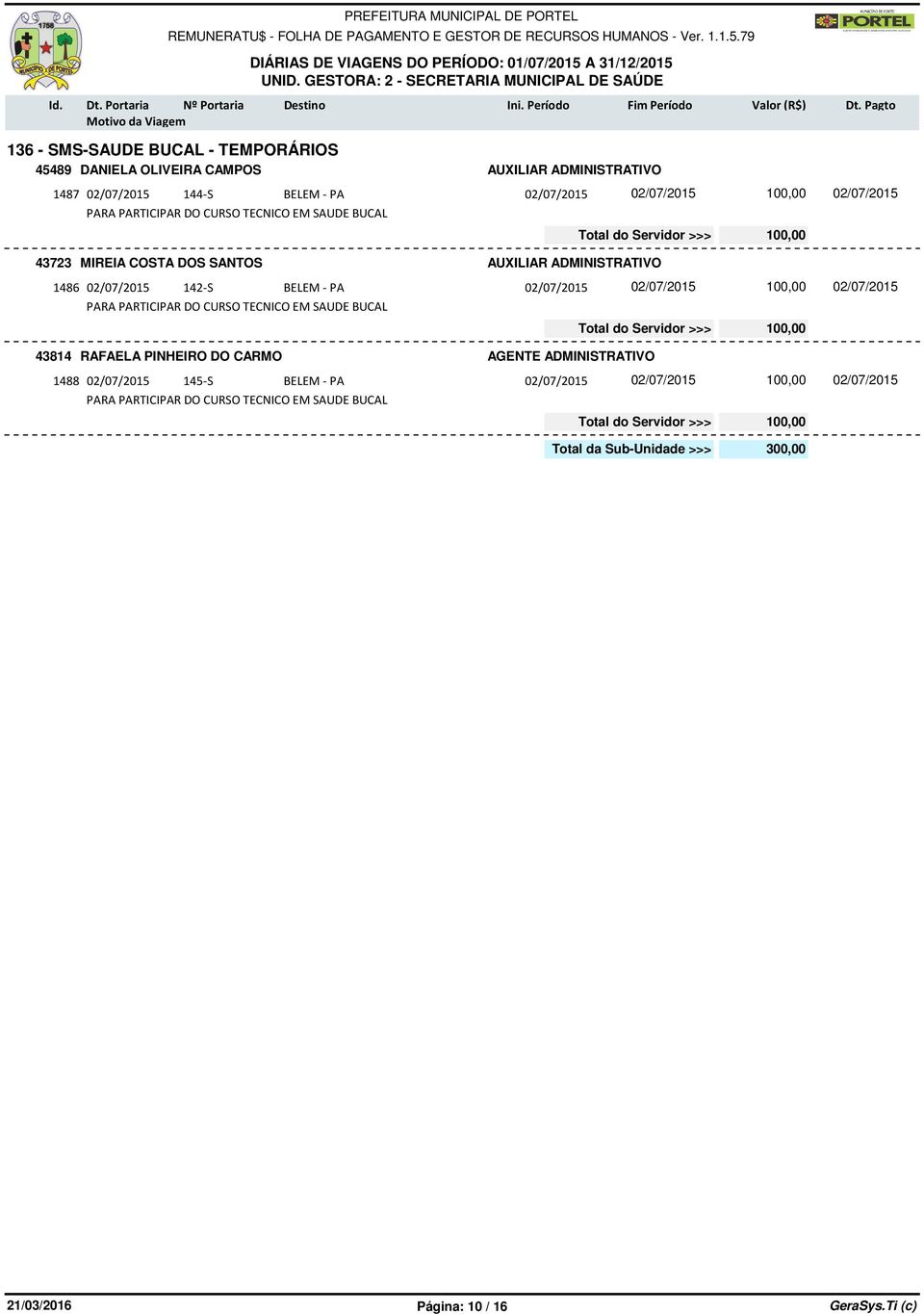 02/07/2015 02/07/2015 02/07/2015 PARA PARTICIPAR DO CURSO TECNICO EM SAUDE BUCAL 43814 RAFAELA PINHEIRO DO CARMO AGENTE ADMINISTRATIVO 1488