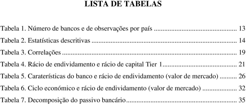 Rácio de endividamento e rácio de capital Tier 1... 21 Tabela 5.